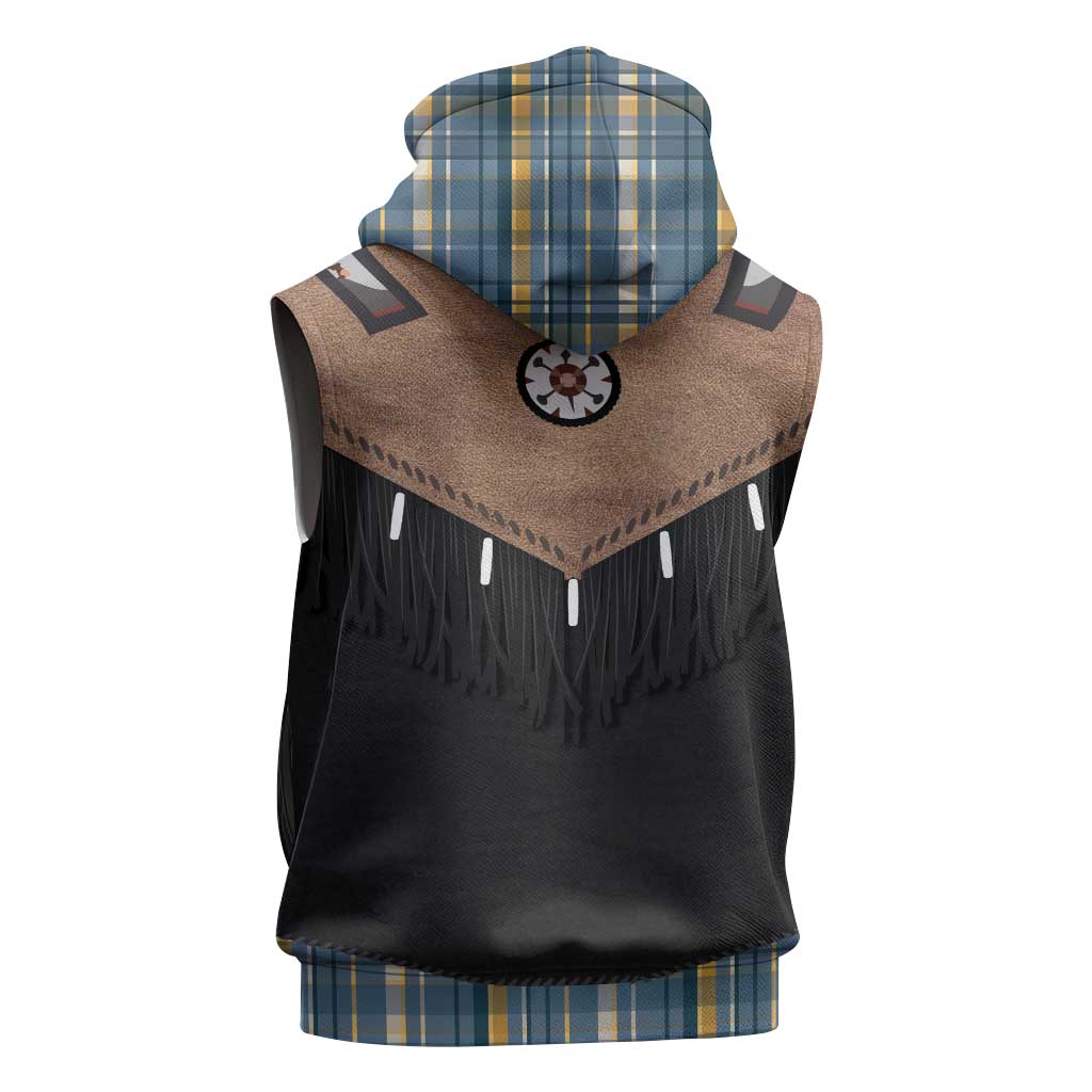 Western Cowboy Vest Style Sleeveless Zip Hoodie Blue Yellow Plaid Pattern - Wonder Print Shop