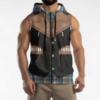 Western Cowboy Vest Style Sleeveless Zip Hoodie Blue Yellow Plaid Pattern - Wonder Print Shop