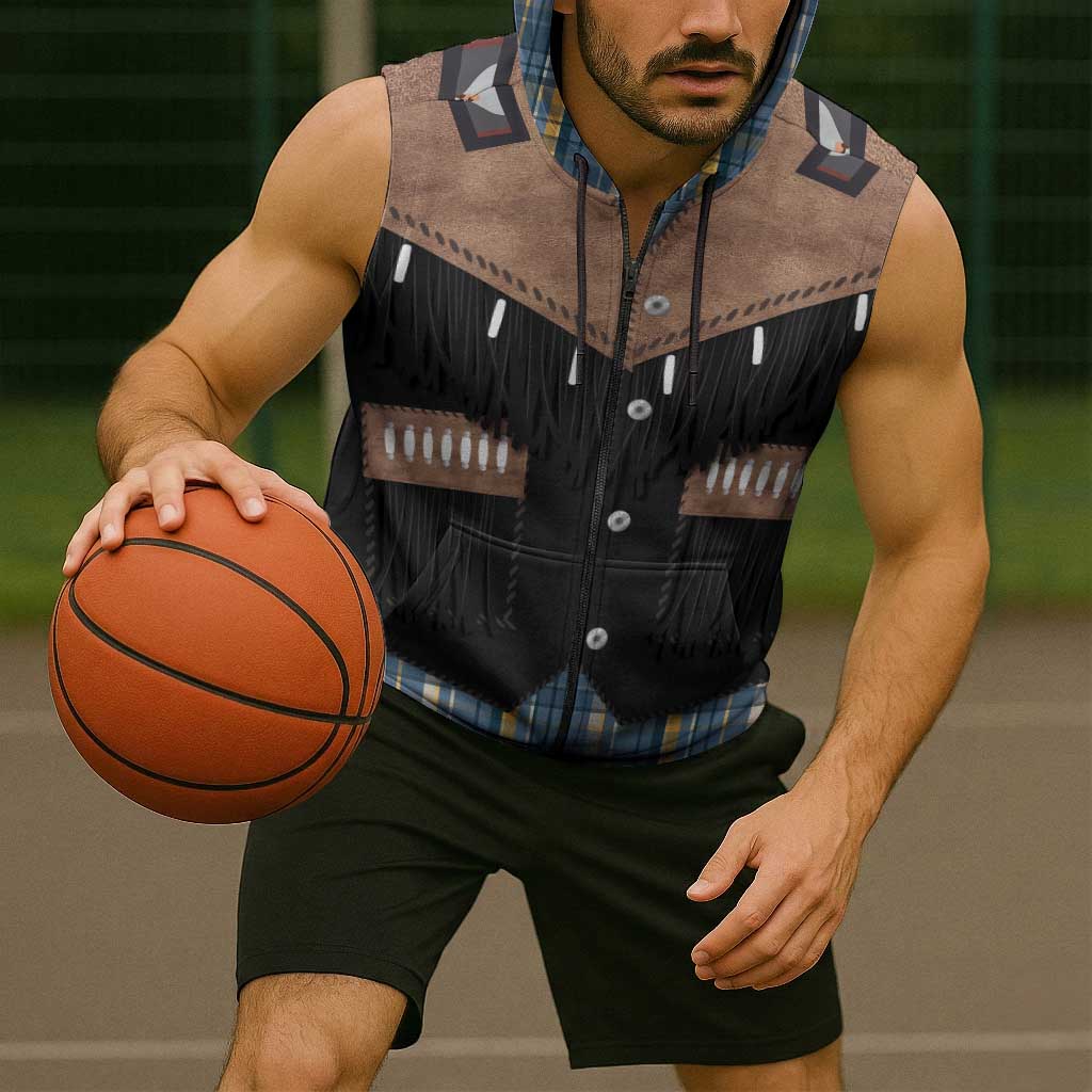 Western Cowboy Vest Style Sleeveless Zip Hoodie Blue Yellow Plaid Pattern - Wonder Print Shop