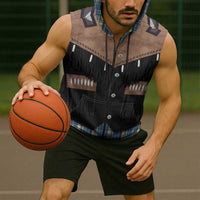 Western Cowboy Vest Style Sleeveless Zip Hoodie Blue Yellow Plaid Pattern - Wonder Print Shop