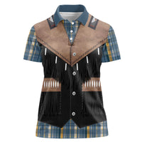 Western Cowboy Vest Style Women Polo Shirt Blue Yellow Plaid Pattern - Wonder Print Shop