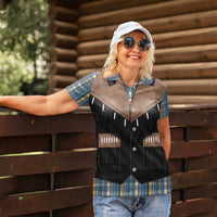 Western Cowboy Vest Style Women Polo Shirt Blue Yellow Plaid Pattern - Wonder Print Shop