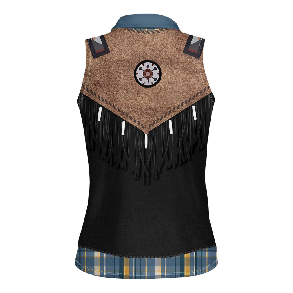 Western Cowboy Vest Style Women Sleeveless Polo Shirt Blue Yellow Plaid Pattern - Wonder Print Shop