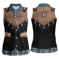 Western Cowboy Vest Style Women Sleeveless Polo Shirt Blue Yellow Plaid Pattern - Wonder Print Shop