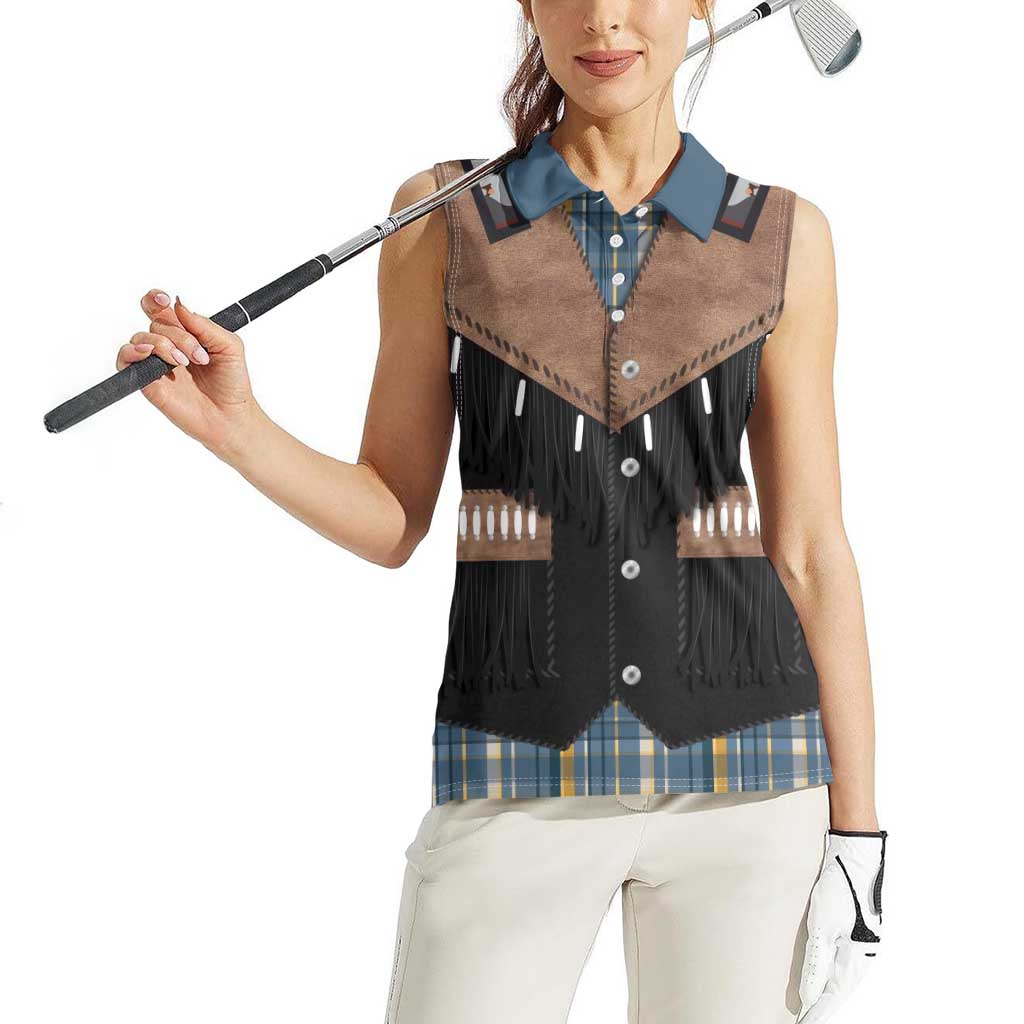 Western Cowboy Vest Style Women Sleeveless Polo Shirt Blue Yellow Plaid Pattern - Wonder Print Shop