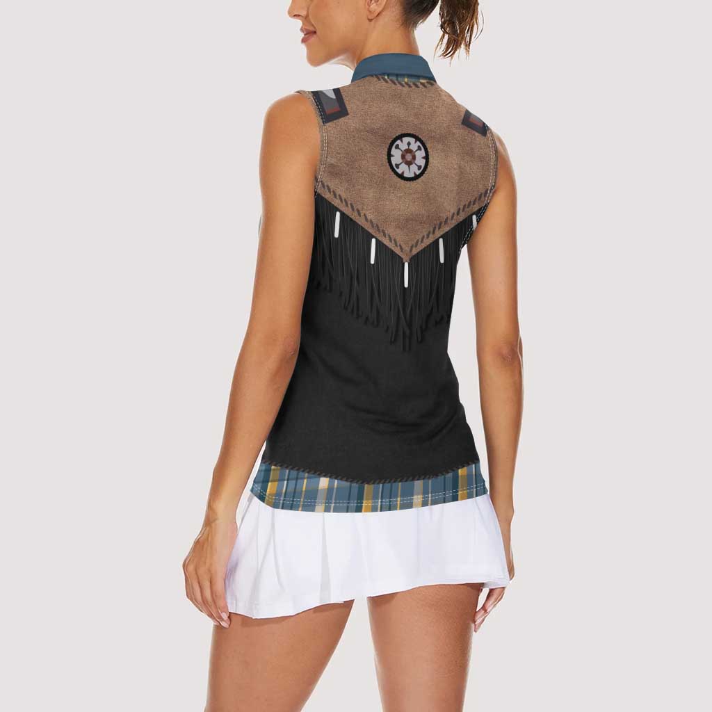 Western Cowboy Vest Style Women Sleeveless Polo Shirt Blue Yellow Plaid Pattern - Wonder Print Shop