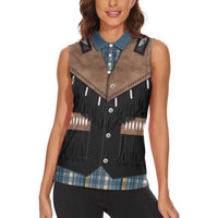 Western Cowboy Vest Style Women Sleeveless Polo Shirt Blue Yellow Plaid Pattern - Wonder Print Shop