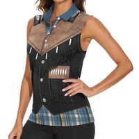 Western Cowboy Vest Style Women Sleeveless Polo Shirt Blue Yellow Plaid Pattern - Wonder Print Shop