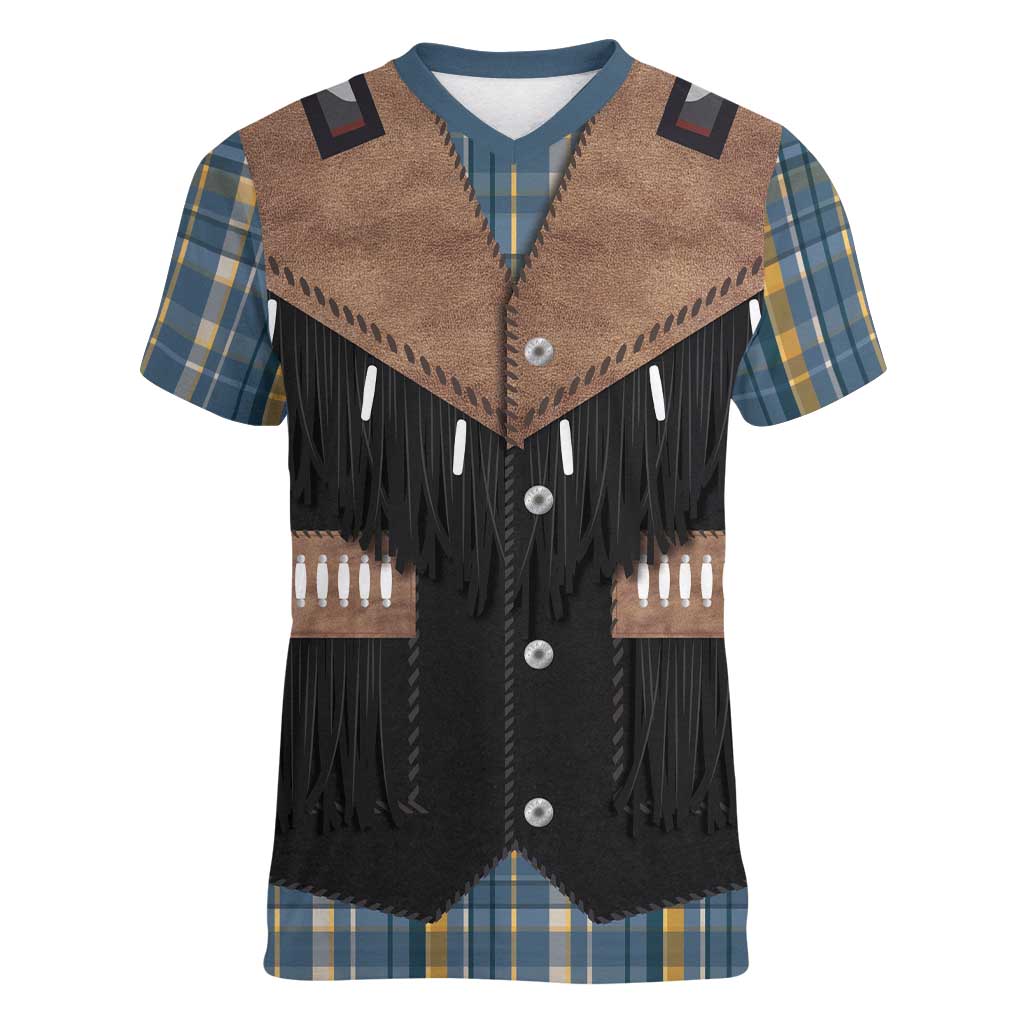 Western Cowboy Vest Style Women V-Neck T-Shirt Blue Yellow Plaid Pattern - Wonder Print Shop