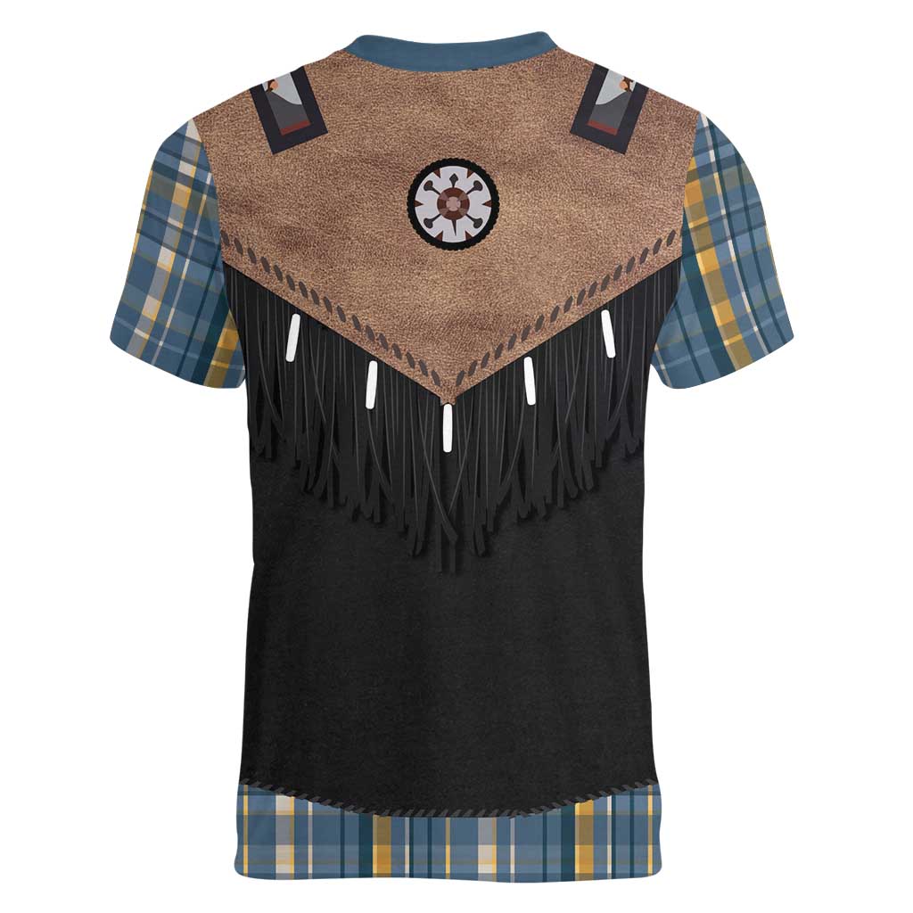 Western Cowboy Vest Style Women V-Neck T-Shirt Blue Yellow Plaid Pattern - Wonder Print Shop