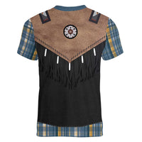 Western Cowboy Vest Style Women V-Neck T-Shirt Blue Yellow Plaid Pattern - Wonder Print Shop