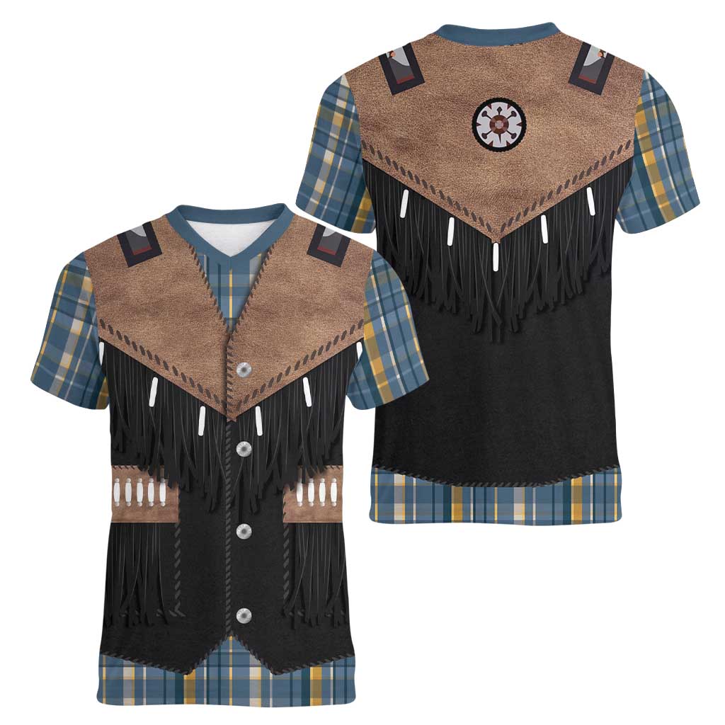 Western Cowboy Vest Style Women V-Neck T-Shirt Blue Yellow Plaid Pattern - Wonder Print Shop