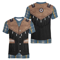 Western Cowboy Vest Style Women V-Neck T-Shirt Blue Yellow Plaid Pattern - Wonder Print Shop