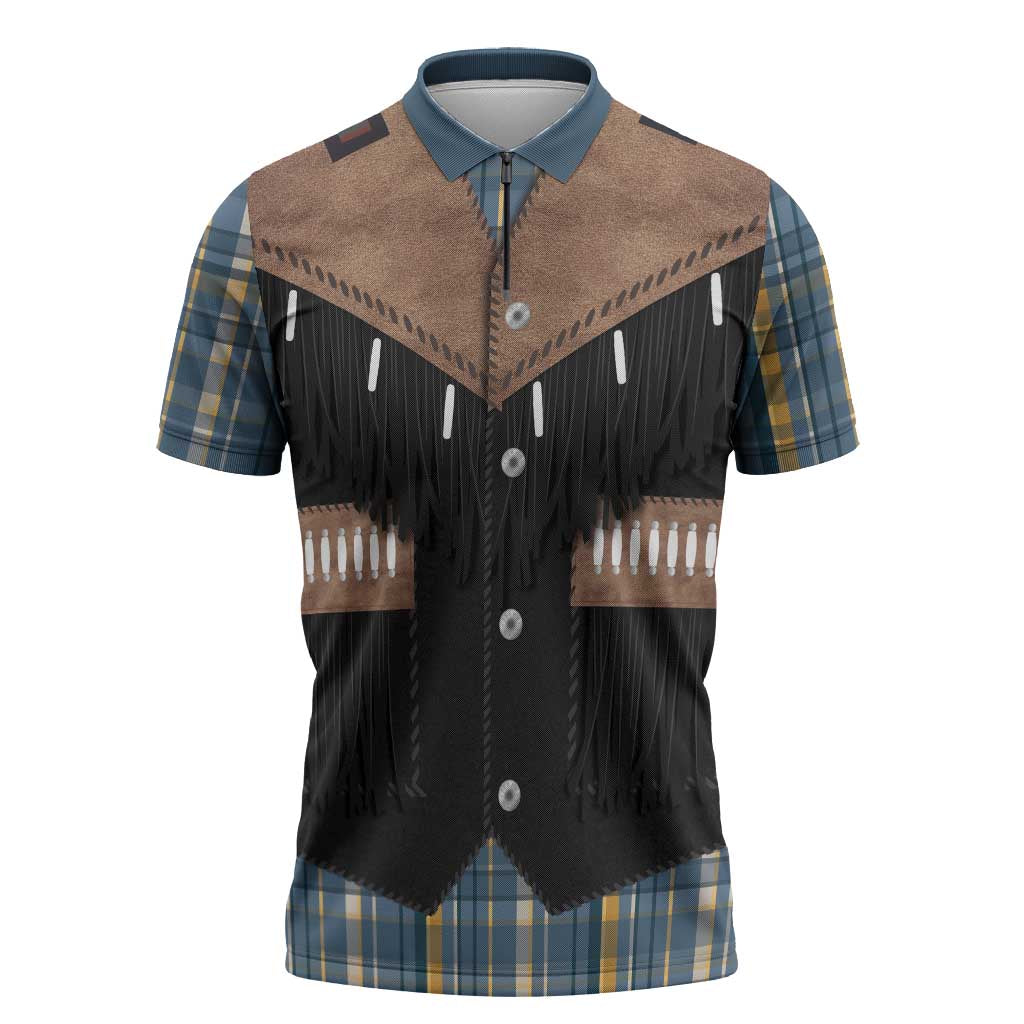 Western Cowboy Vest Style Zipper Polo Shirt Blue Yellow Plaid Pattern - Wonder Print Shop