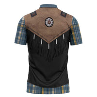 Western Cowboy Vest Style Zipper Polo Shirt Blue Yellow Plaid Pattern - Wonder Print Shop
