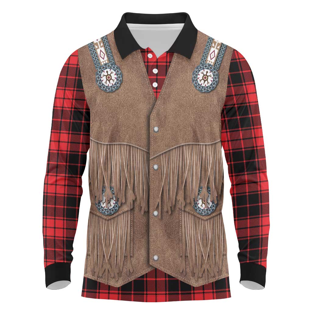 Retro Black Red Plaid Long Sleeve Polo Shirt Western Cowboy Vest Costume - Wonder Print Shop