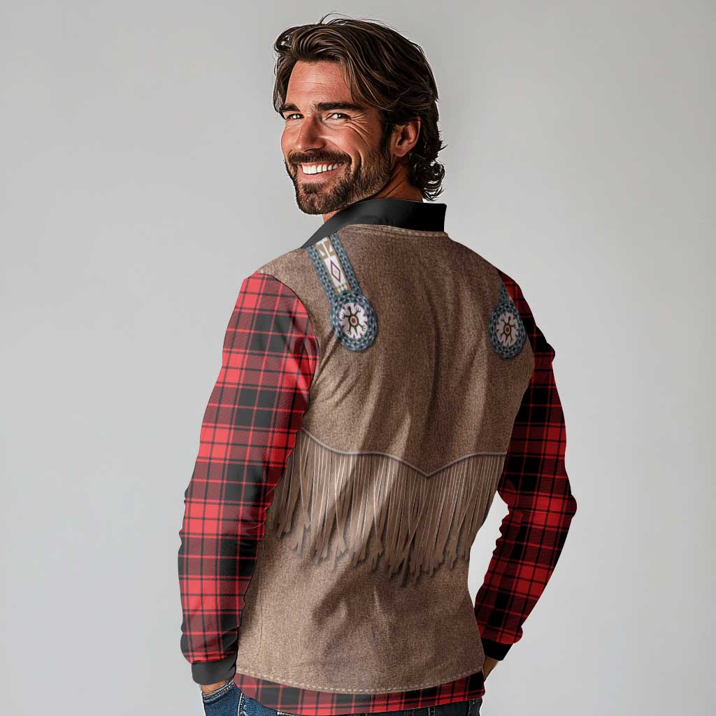 Retro Black Red Plaid Long Sleeve Polo Shirt Western Cowboy Vest Costume - Wonder Print Shop