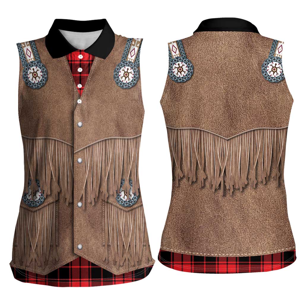 Retro Black Red Plaid Women Sleeveless Polo Shirt Western Cowboy Vest Costume - Wonder Print Shop