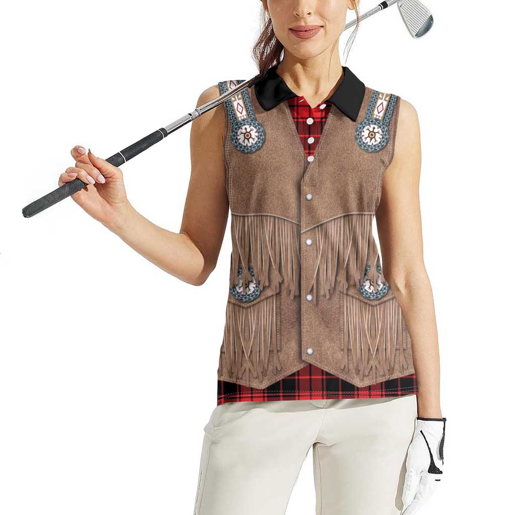 Retro Black Red Plaid Women Sleeveless Polo Shirt Western Cowboy Vest Costume - Wonder Print Shop