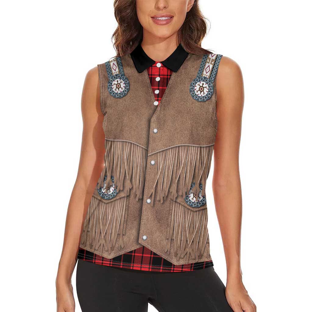 Retro Black Red Plaid Women Sleeveless Polo Shirt Western Cowboy Vest Costume - Wonder Print Shop