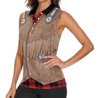 Retro Black Red Plaid Women Sleeveless Polo Shirt Western Cowboy Vest Costume - Wonder Print Shop