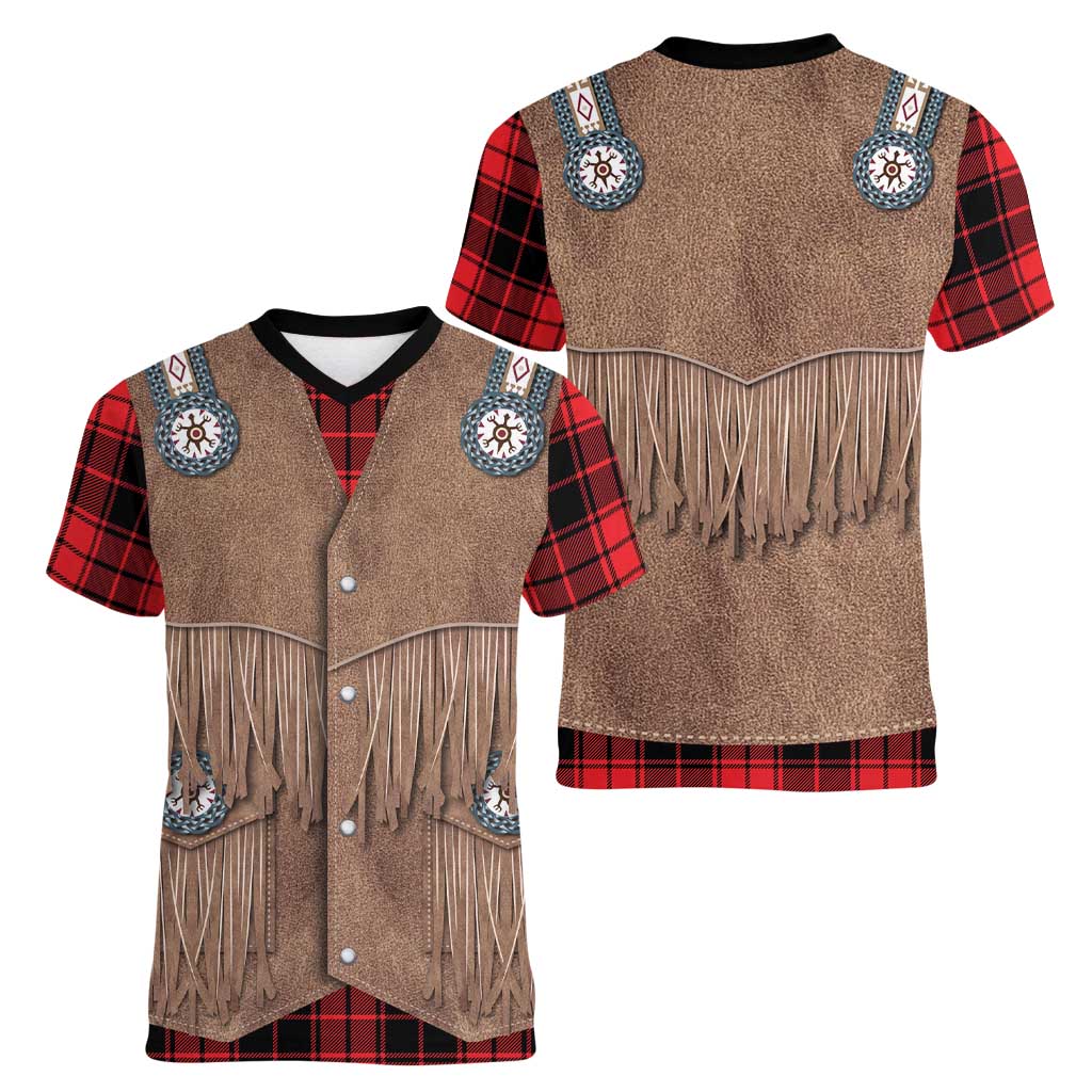 Retro Black Red Plaid Women V-Neck T-Shirt Western Cowboy Vest Costume - Wonder Print Shop