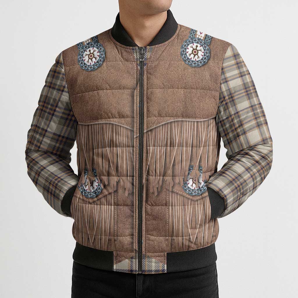 Retro Brown Beige Plaid Bomber Puffer Jacket Western Cowboy Vest Costume - Wonder Print Shop