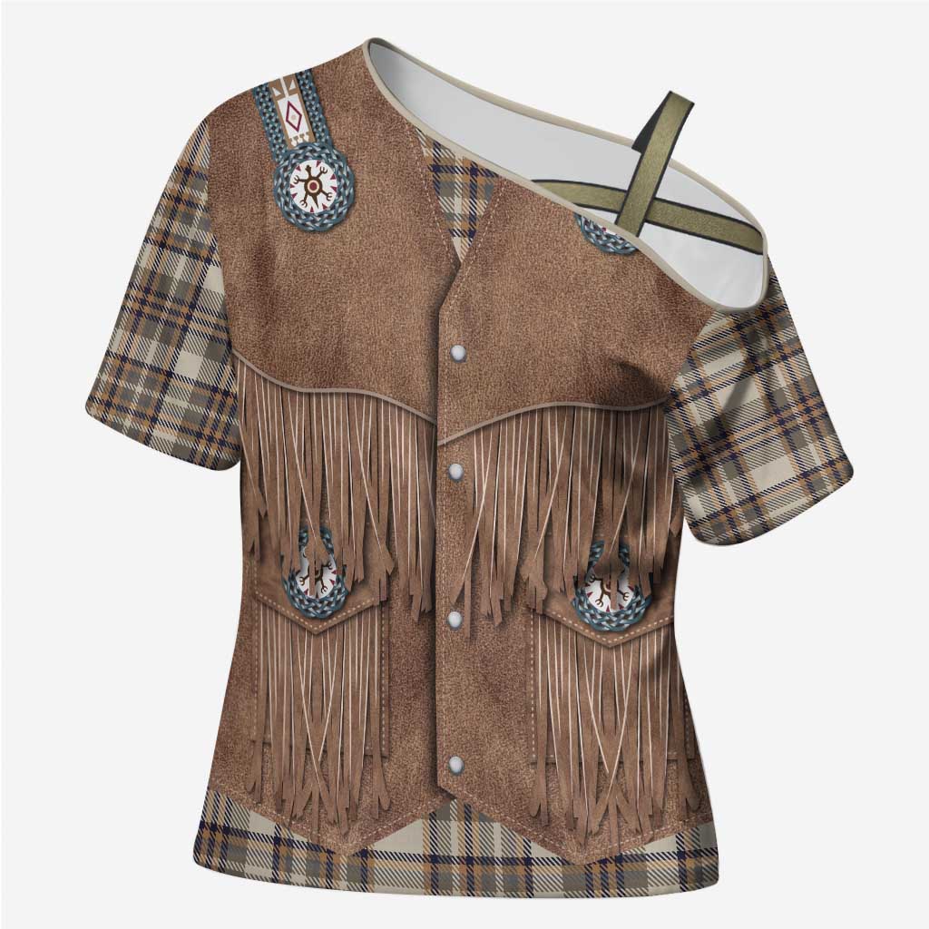Retro Brown Beige Plaid Cross Shoulder Shirt Western Cowboy Vest Costume - Wonder Print Shop