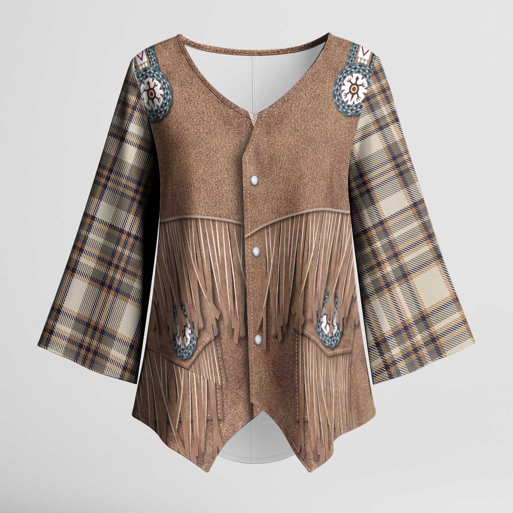 Retro Brown Beige Plaid Kimono Sleeve Blouse Western Cowboy Vest Costume - Wonder Print Shop