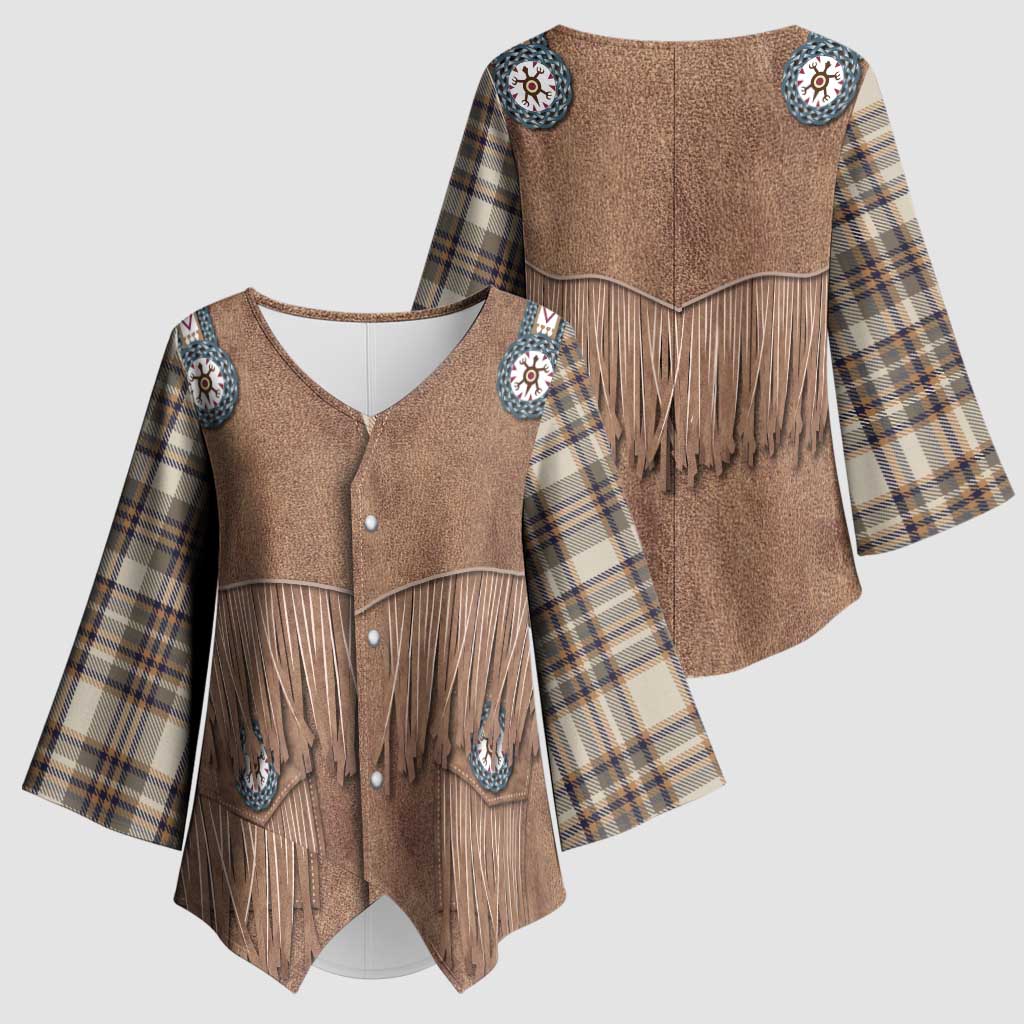 Retro Brown Beige Plaid Kimono Sleeve Blouse Western Cowboy Vest Costume - Wonder Print Shop