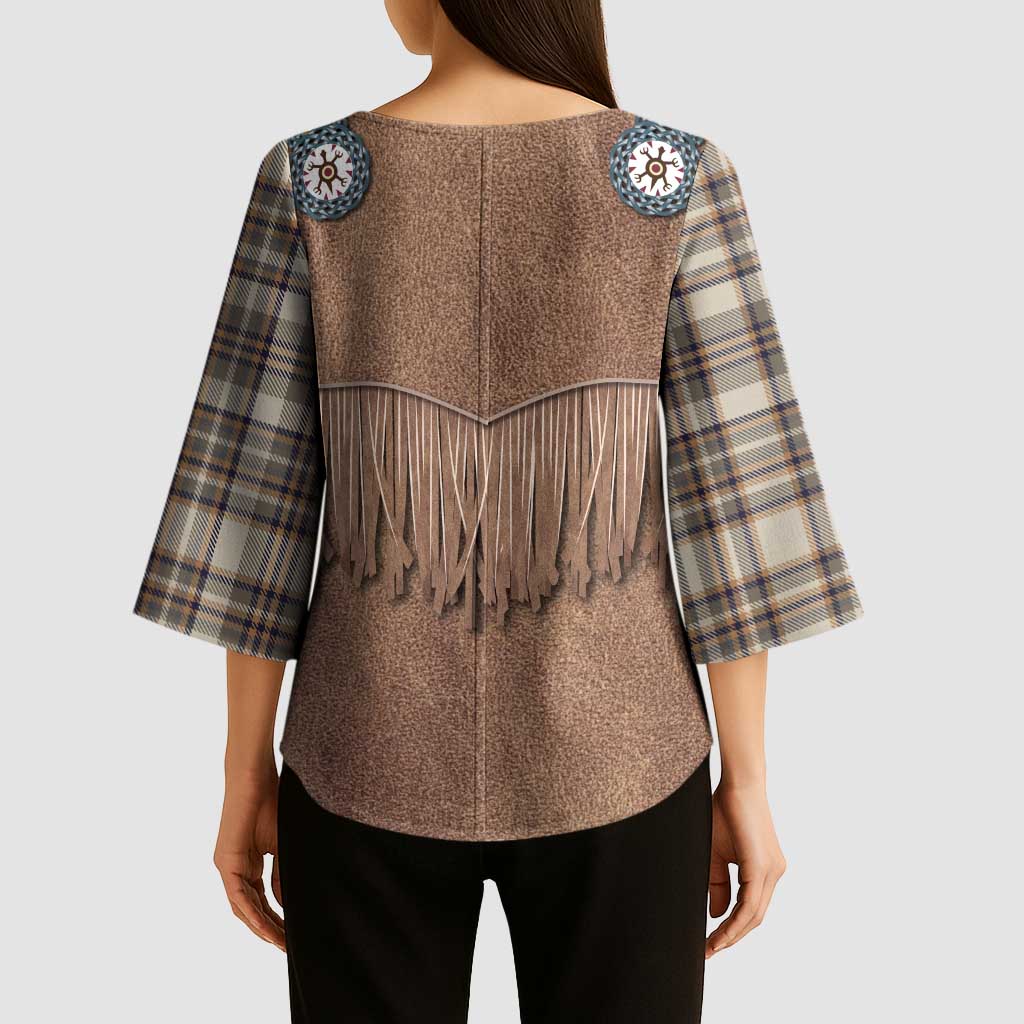Retro Brown Beige Plaid Kimono Sleeve Blouse Western Cowboy Vest Costume - Wonder Print Shop