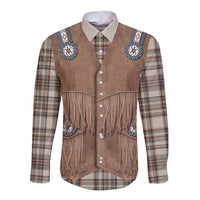 Retro Brown Beige Plaid Long Sleeve Button Shirt Western Cowboy Vest Costume - Wonder Print Shop