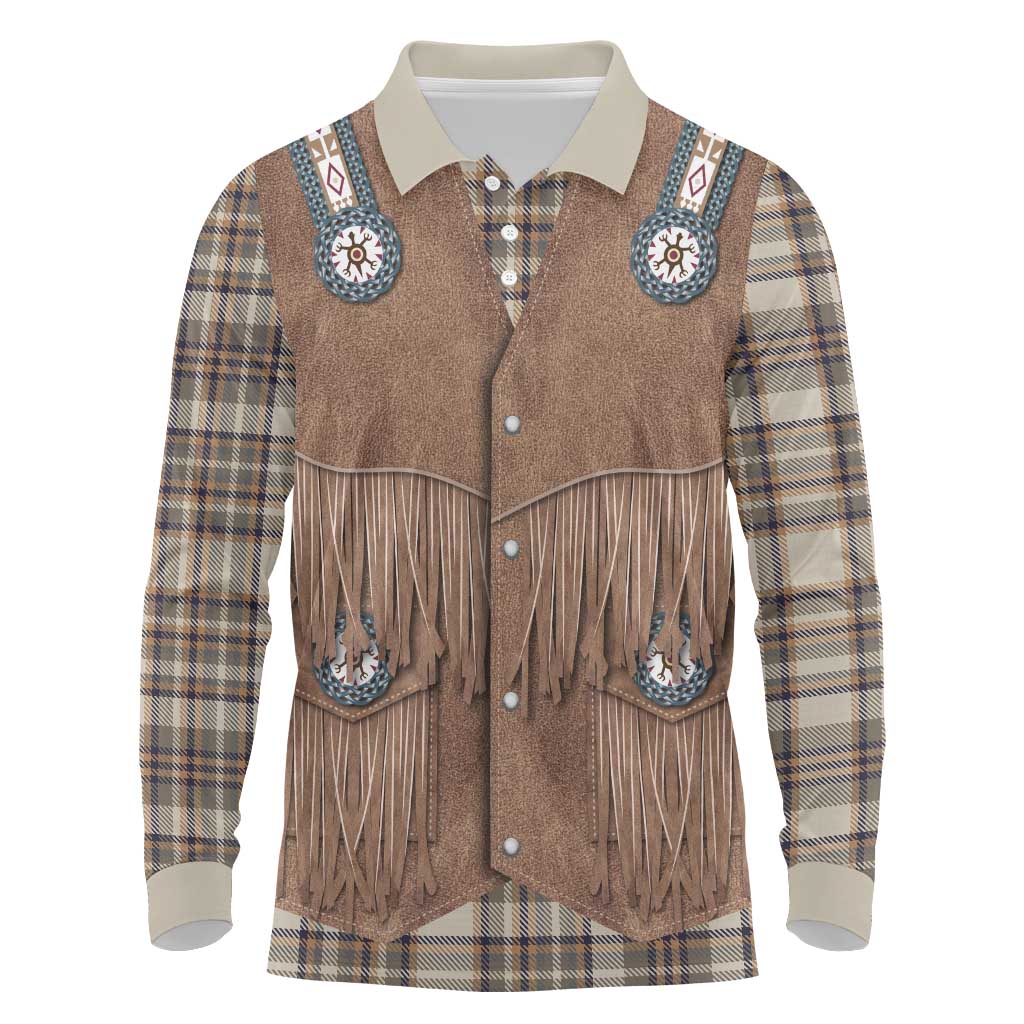 Retro Brown Beige Plaid Long Sleeve Polo Shirt Western Cowboy Vest Costume - Wonder Print Shop