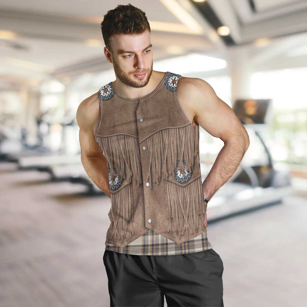 Retro Brown Beige Plaid Men Tank Top Western Cowboy Vest Costume - Wonder Print Shop