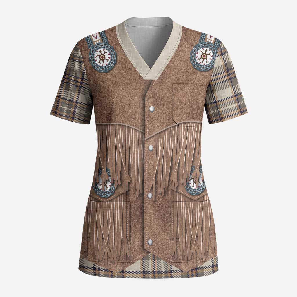 Retro Brown Beige Plaid Scrub Top Western Cowboy Vest Costume - Wonder Print Shop