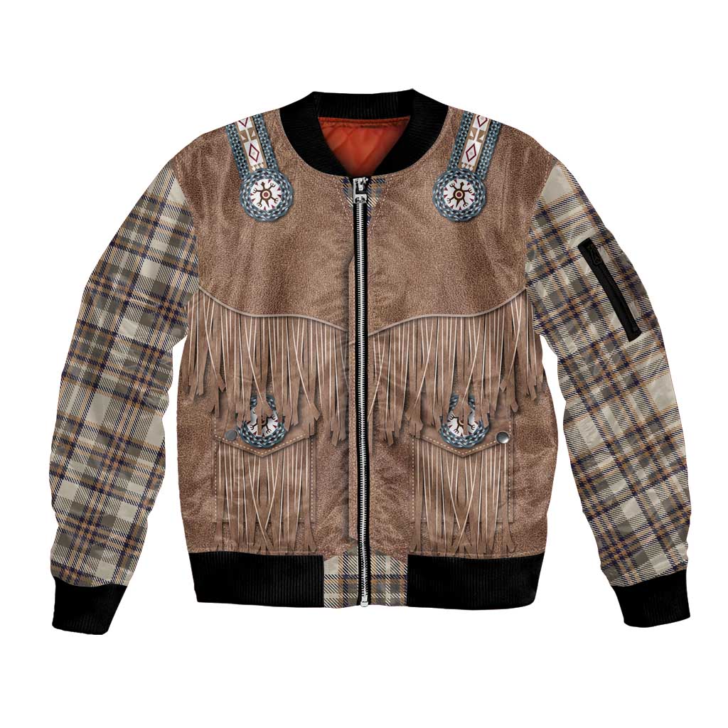 Retro Brown Beige Plaid Sleeve Zip Bomber Jacket Western Cowboy Vest Costume - Wonder Print Shop