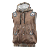 Retro Brown Beige Plaid Sleeveless Hoodie Western Cowboy Vest Costume - Wonder Print Shop
