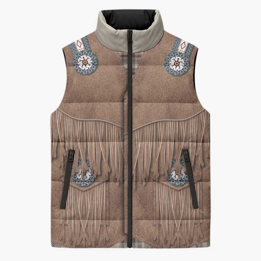 Retro Brown Beige Plaid Sleeveless Puffer Jacket Western Cowboy Vest Costume - Wonder Print Shop