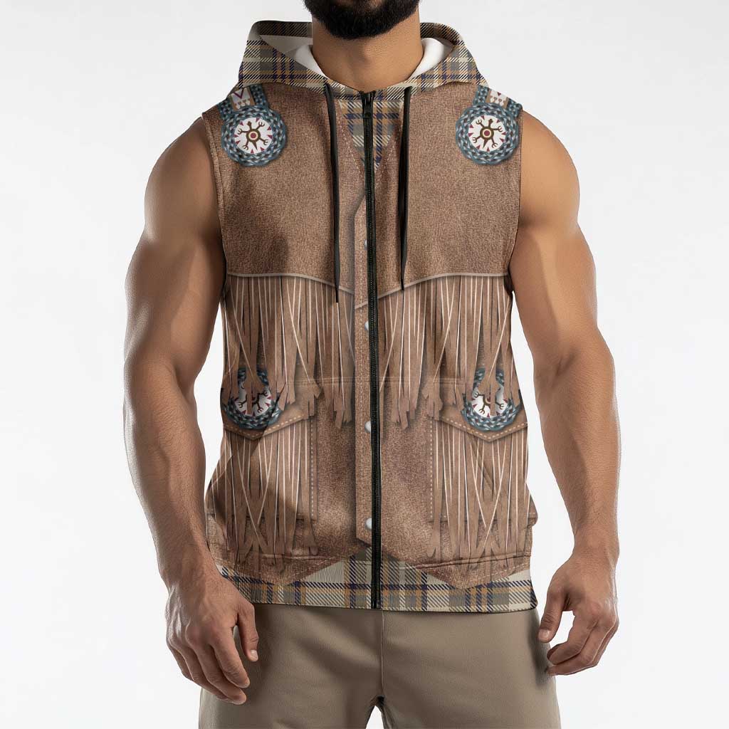 Retro Brown Beige Plaid Sleeveless Zip Hoodie Western Cowboy Vest Costume - Wonder Print Shop