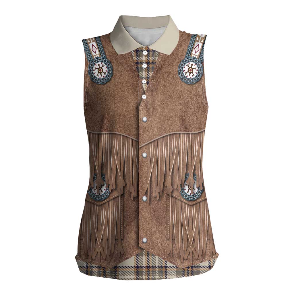 Retro Brown Beige Plaid Women Sleeveless Polo Shirt Western Cowboy Vest Costume - Wonder Print Shop