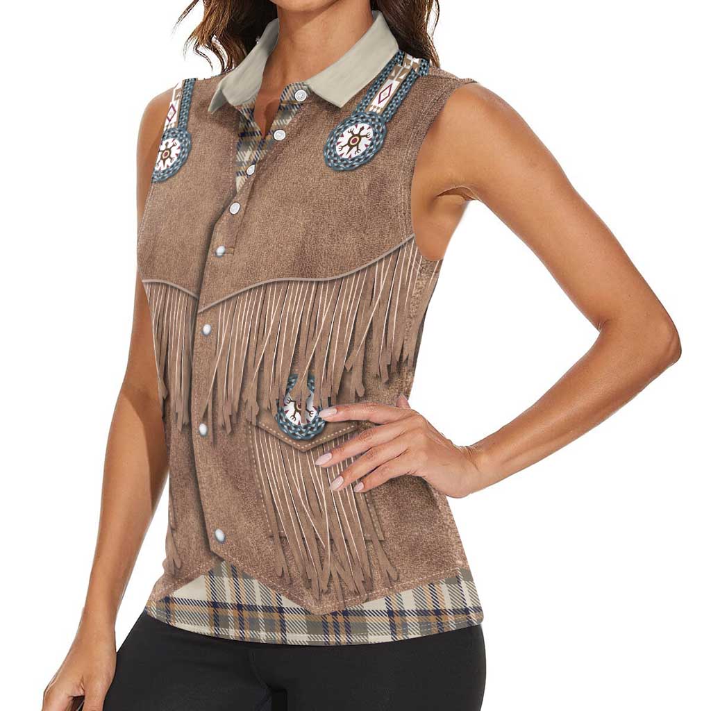 Retro Brown Beige Plaid Women Sleeveless Polo Shirt Western Cowboy Vest Costume - Wonder Print Shop