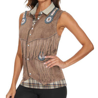 Retro Brown Beige Plaid Women Sleeveless Polo Shirt Western Cowboy Vest Costume - Wonder Print Shop