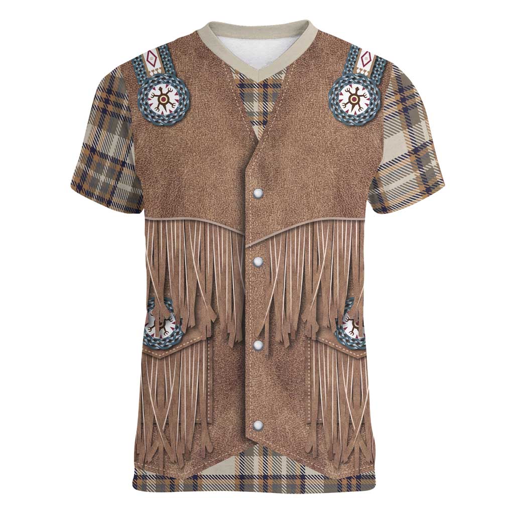 Retro Brown Beige Plaid Women V-Neck T-Shirt Western Cowboy Vest Costume - Wonder Print Shop