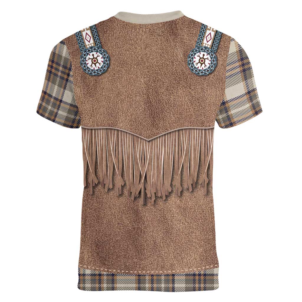 Retro Brown Beige Plaid Women V-Neck T-Shirt Western Cowboy Vest Costume - Wonder Print Shop