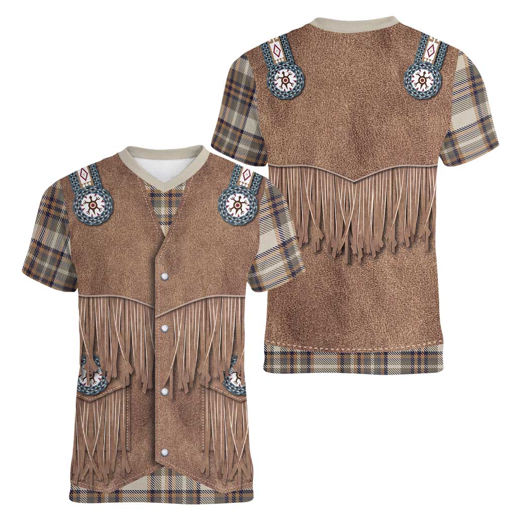 Retro Brown Beige Plaid Women V-Neck T-Shirt Western Cowboy Vest Costume - Wonder Print Shop
