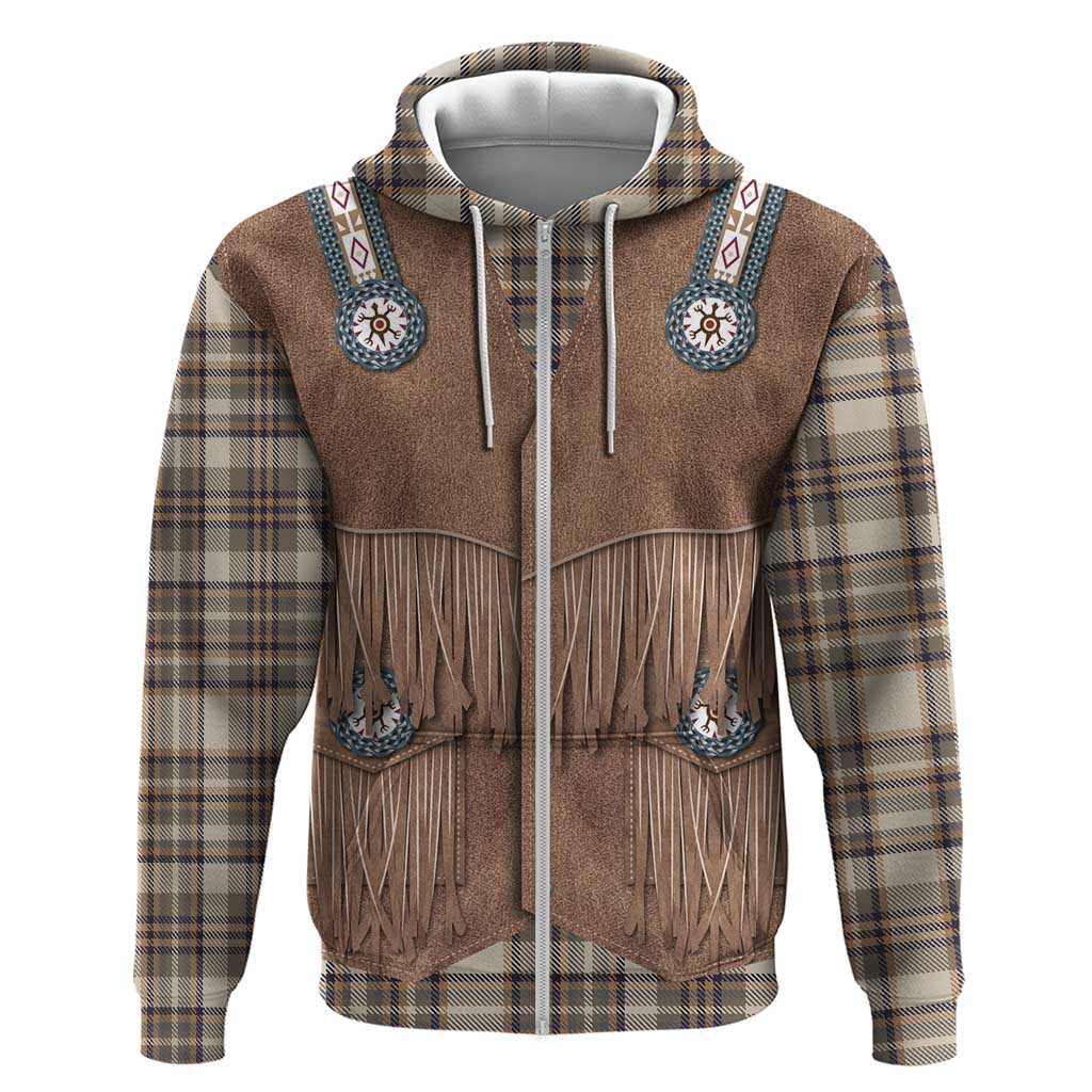 Retro Brown Beige Plaid Zip Hoodie Western Cowboy Vest Costume - Wonder Print Shop