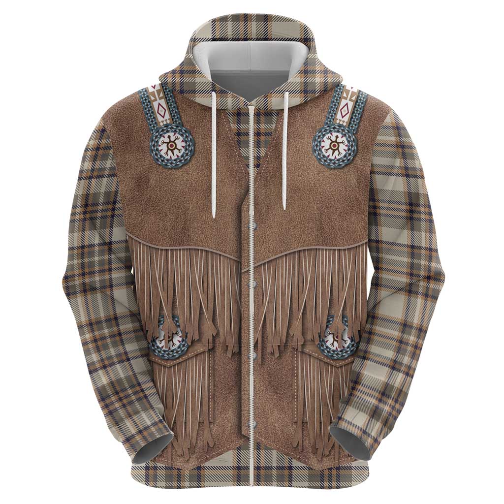 Retro Brown Beige Plaid Zip Hoodie Western Cowboy Vest Costume - Wonder Print Shop