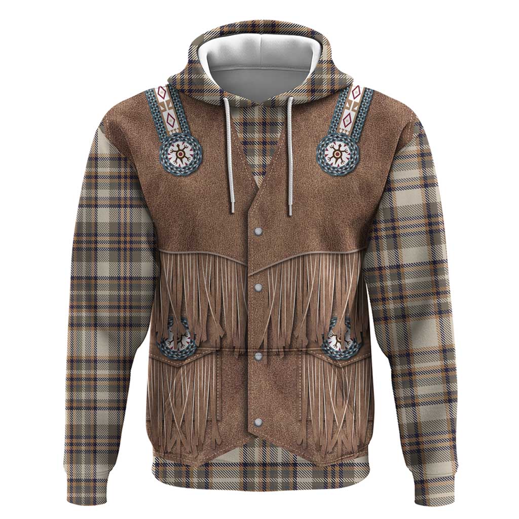 Retro Brown Beige Plaid Zip Hoodie Western Cowboy Vest Costume - Wonder Print Shop