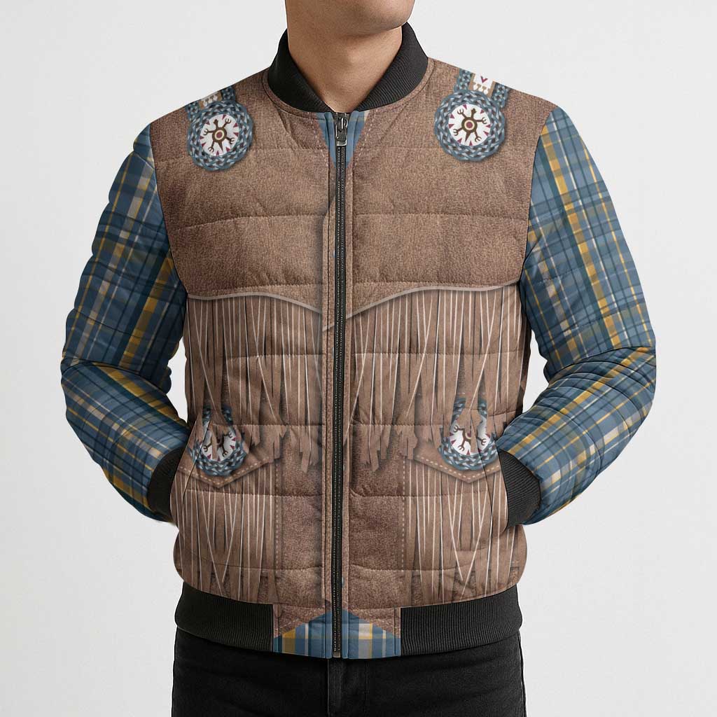 Retro Blue Yellow Plaid Bomber Puffer Jacket Western Cowboy Vest Costume - Wonder Print Shop