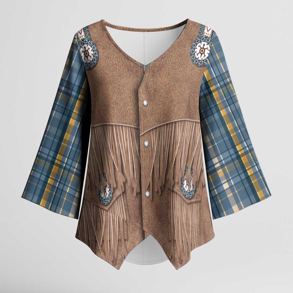 Retro Blue Yellow Plaid Kimono Sleeve Blouse Western Cowboy Vest Costume - Wonder Print Shop